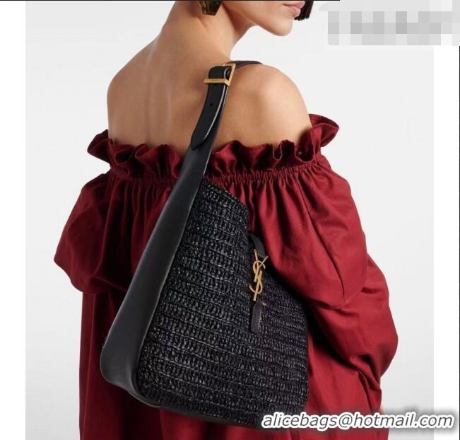 Inexpensive Saint Laurent LE 5 À 7 Supple Small Hobo Bag in Raffia Straw Like and Leather 713938 Black 2026