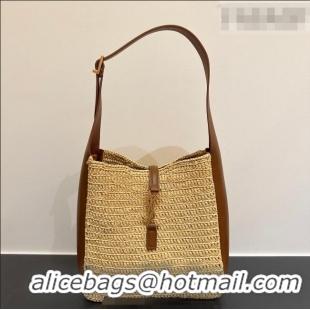 Discount Saint Laurent LE 5 À 7 Supple Small Hobo Bag in Raffia Straw Like and Leather 713938 BrownKhaki 2026