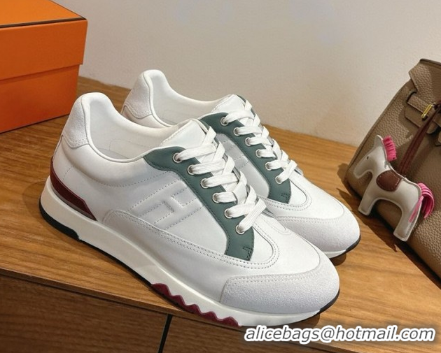 Generous Hermes Trail Sneakers in Calfskin and Suede White/Green 1222015 2026