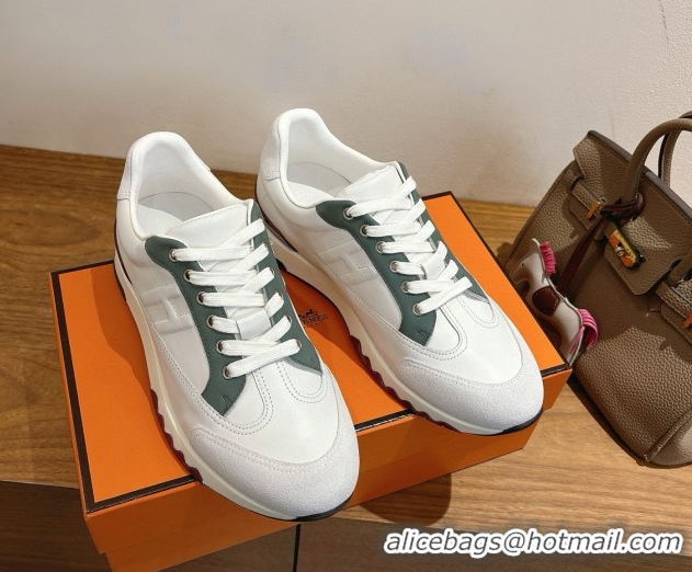 Generous Hermes Trail Sneakers in Calfskin and Suede White/Green 1222015 2026