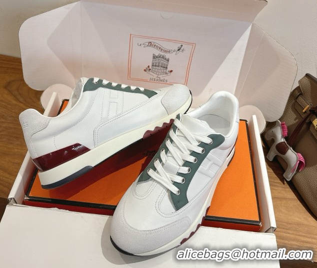 Generous Hermes Trail Sneakers in Calfskin and Suede White/Green 1222015 2026