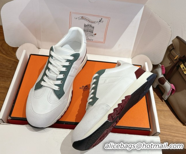 Generous Hermes Trail Sneakers in Calfskin and Suede White/Green 1222015 2026