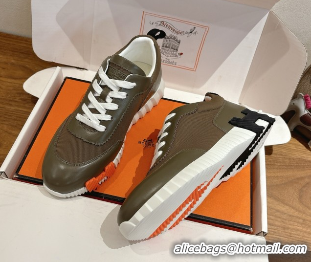 Duplicate Hermes Bouncing Sneakers in Fabric and Leather Green/Brown 1222032 2026