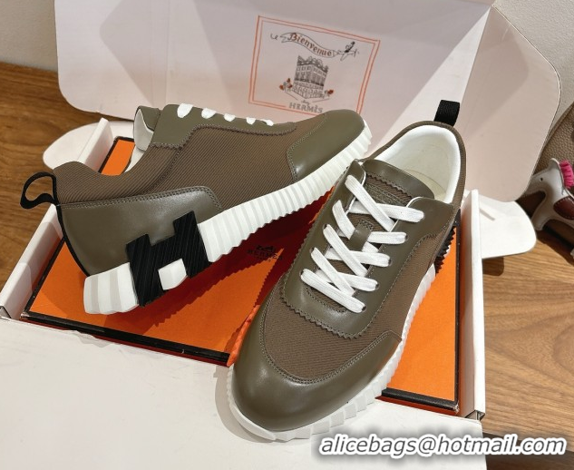 Duplicate Hermes Bouncing Sneakers in Fabric and Leather Green/Brown 1222032 2026