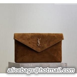 Top Grade Saint Laurent Cassandre Large Envelope Pouch in Suede 769307 Brown 2025