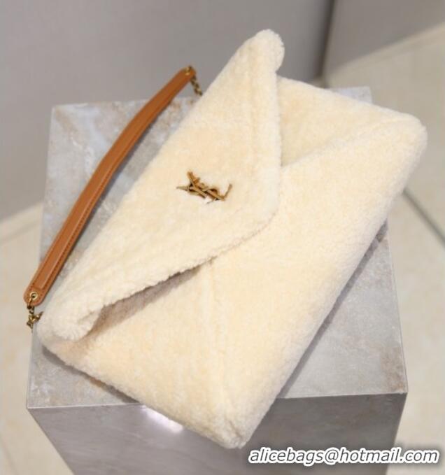Top Grade Saint Laurent Cassandre Large Envelope Pouch in Shearling with Chain 769307 White 2025