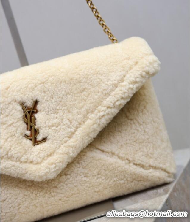Top Grade Saint Laurent Cassandre Large Envelope Pouch in Shearling with Chain 769307 White 2025
