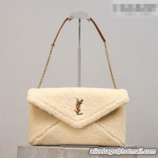 Top Grade Saint Laurent Cassandre Large Envelope Pouch in Shearling with Chain 769307 White 2025