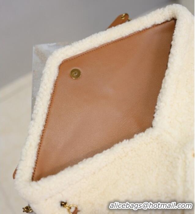 Top Grade Saint Laurent Cassandre Large Envelope Pouch in Shearling with Chain 769307 White 2025