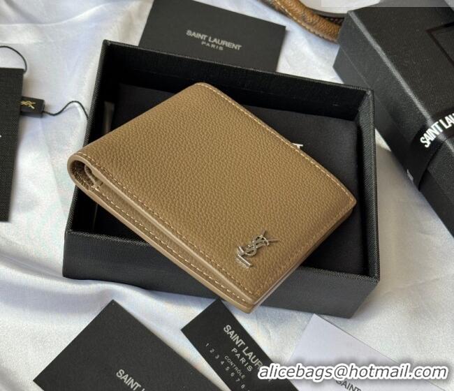 Best Price Saint Laurent Men's Tiny Cassandre Eastwest Wallet in Grained Leather 607727 Khaki 2026