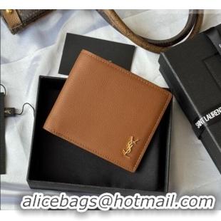 Top Grade Saint Laurent Men's Tiny Cassandre Eastwest Wallet in Grained Leather 607727 Brown 2026