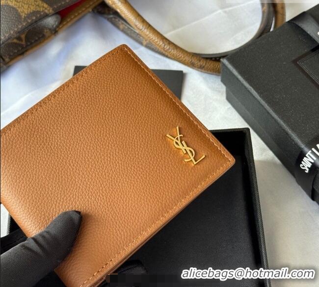 Top Grade Saint Laurent Men's Tiny Cassandre Eastwest Wallet in Grained Leather 607727 Brown 2026