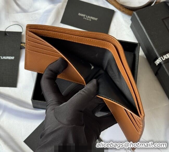 Top Grade Saint Laurent Men's Tiny Cassandre Eastwest Wallet in Grained Leather 607727 Brown 2026