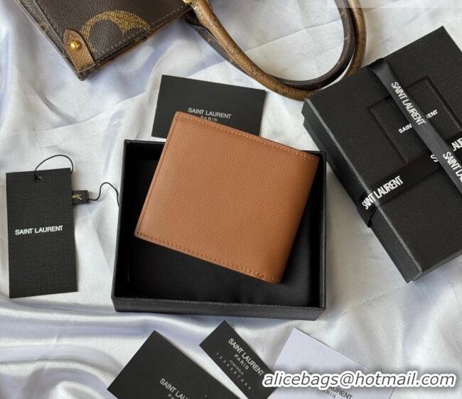 Top Grade Saint Laurent Men's Tiny Cassandre Eastwest Wallet in Grained Leather 607727 Brown 2026