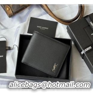 Top Grade Saint Laurent Men's Tiny Cassandre Eastwest Wallet in Grained Leather 607727 Black/Silver 2026