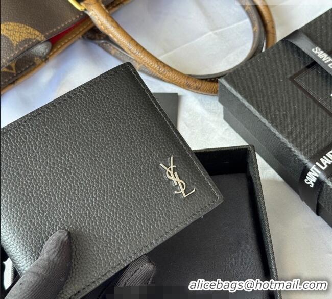 Top Grade Saint Laurent Men's Tiny Cassandre Eastwest Wallet in Grained Leather 607727 Black/Silver 2026