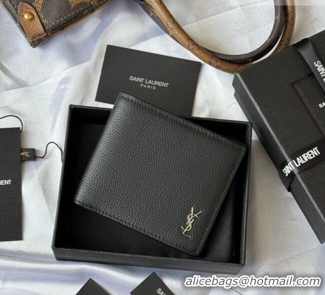 Top Grade Saint Laurent Men's Tiny Cassandre Eastwest Wallet in Grained Leather 607727 Black/Silver 2026