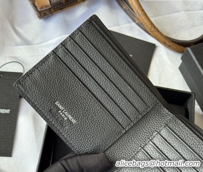 Top Grade Saint Laurent Men's Tiny Cassandre Eastwest Wallet in Grained Leather 607727 Black/Silver 2026