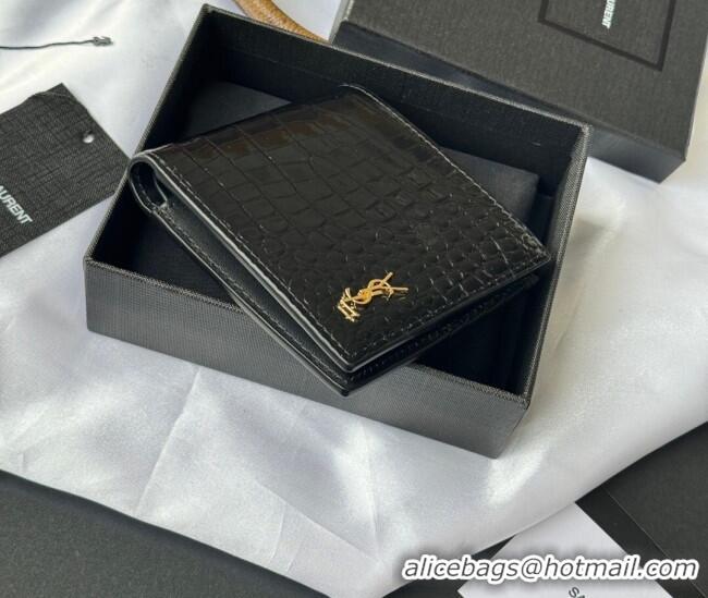 Super Quality Saint Laurent Men's Tiny Cassandre Eastwest Wallet in Crocodile Embossed Leather 607727 Black/Gold 2026