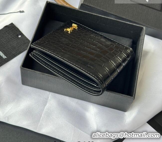 Super Quality Saint Laurent Men's Tiny Cassandre Eastwest Wallet in Crocodile Embossed Leather 607727 Black/Gold 2026