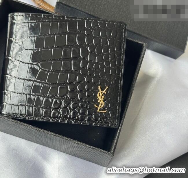 Super Quality Saint Laurent Men's Tiny Cassandre Eastwest Wallet in Crocodile Embossed Leather 607727 Black/Gold 2026