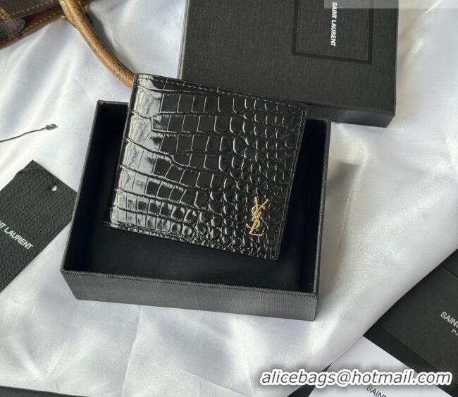 Super Quality Saint Laurent Men's Tiny Cassandre Eastwest Wallet in Crocodile Embossed Leather 607727 Black/Gold 2026