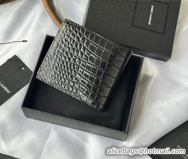 Super Quality Saint Laurent Men's Tiny Cassandre Eastwest Wallet in Crocodile Embossed Leather 607727 Black/Gold 2026