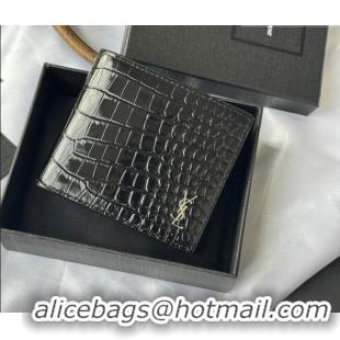 Luxury Cheap Saint Laurent Men's Tiny Cassandre Eastwest Wallet in Crocodile Embossed Leather 607727 Black/Silver 2026