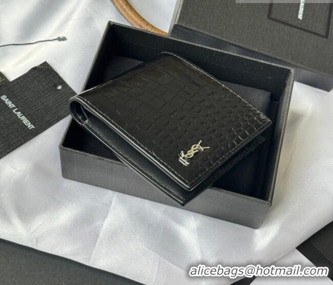 Luxury Cheap Saint Laurent Men's Tiny Cassandre Eastwest Wallet in Crocodile Embossed Leather 607727 Black/Silver 2026