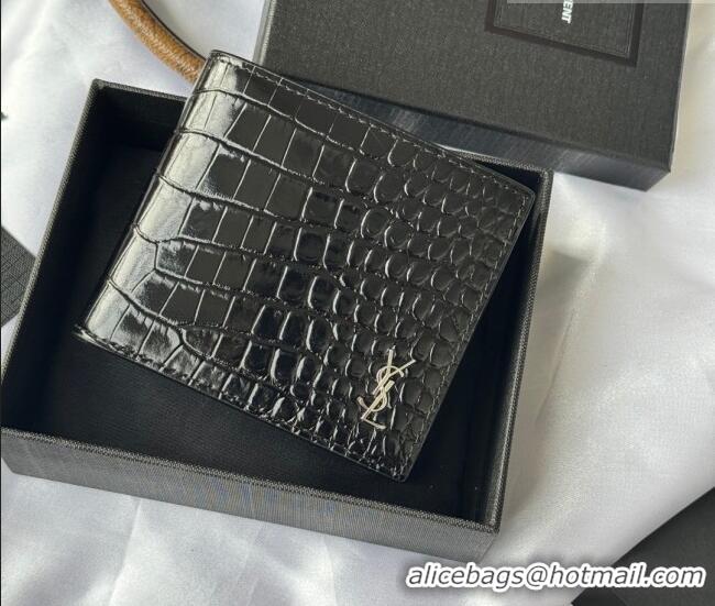 Luxury Cheap Saint Laurent Men's Tiny Cassandre Eastwest Wallet in Crocodile Embossed Leather 607727 Black/Silver 2026