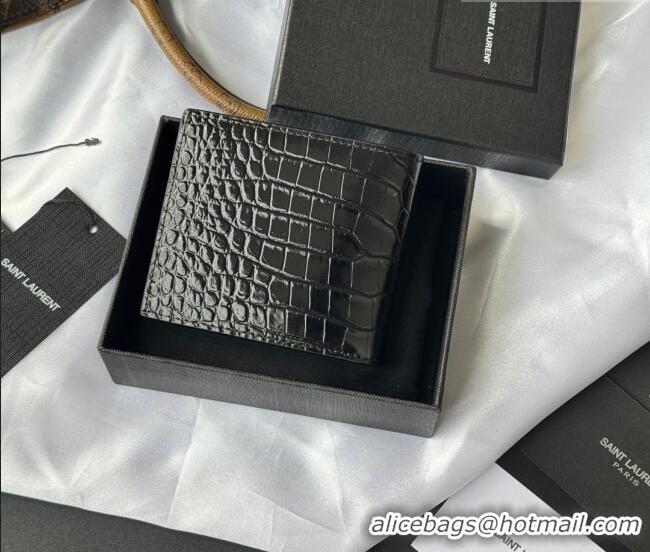 Luxury Cheap Saint Laurent Men's Tiny Cassandre Eastwest Wallet in Crocodile Embossed Leather 607727 Black/Silver 2026