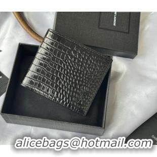 Super Quality Saint Laurent Men's Tiny Cassandre Eastwest Wallet in Crocodile Embossed Leather 607727 All Black 2026