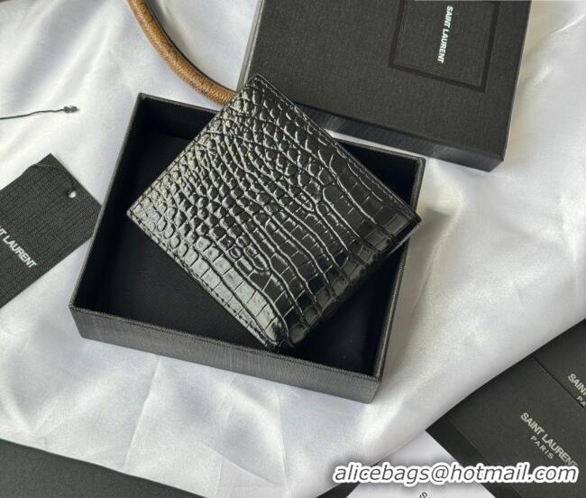 Super Quality Saint Laurent Men's Tiny Cassandre Eastwest Wallet in Crocodile Embossed Leather 607727 All Black 2026