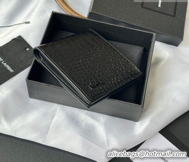Super Quality Saint Laurent Men's Tiny Cassandre Eastwest Wallet in Crocodile Embossed Leather 607727 All Black 2026