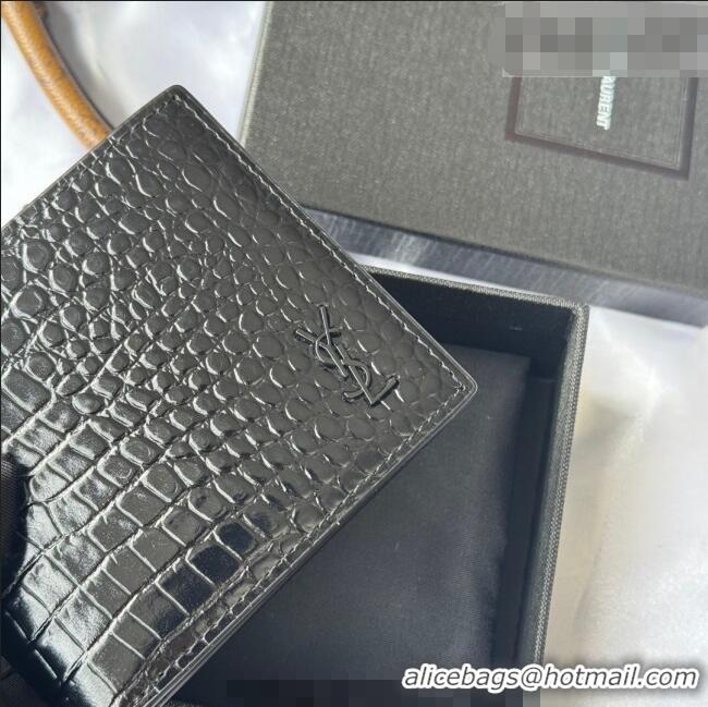 Super Quality Saint Laurent Men's Tiny Cassandre Eastwest Wallet in Crocodile Embossed Leather 607727 All Black 2026