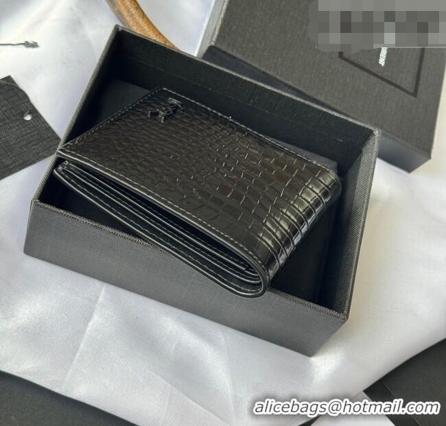 Super Quality Saint Laurent Men's Tiny Cassandre Eastwest Wallet in Crocodile Embossed Leather 607727 All Black 2026