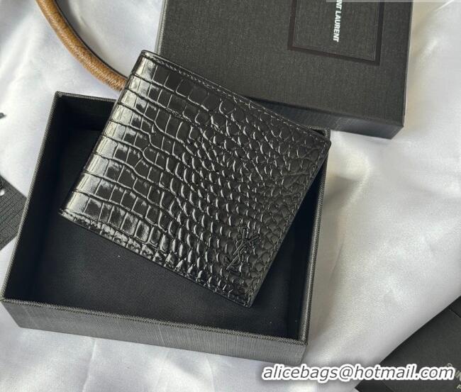 Super Quality Saint Laurent Men's Tiny Cassandre Eastwest Wallet in Crocodile Embossed Leather 607727 All Black 2026