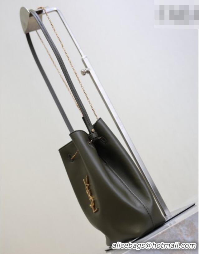 Top Grade Saint Laurent Pochon Bucket Bag in Lambskin Leather 801070 Green 2025