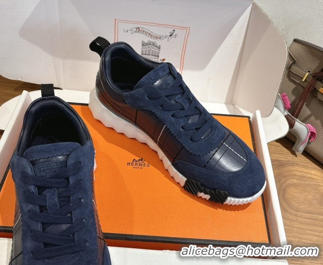 Best Grade Hermes Bouncing Sneakers in Embroidered Leather and Suede Dark Blue 1222042 2026