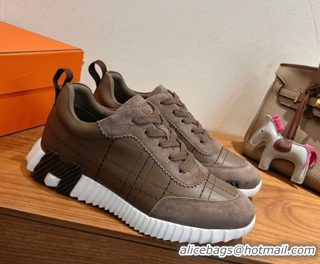 Sumptuous Hermes Bouncing Sneakers in Embroidered Leather and Suede Dark Brown 1222043 2026
