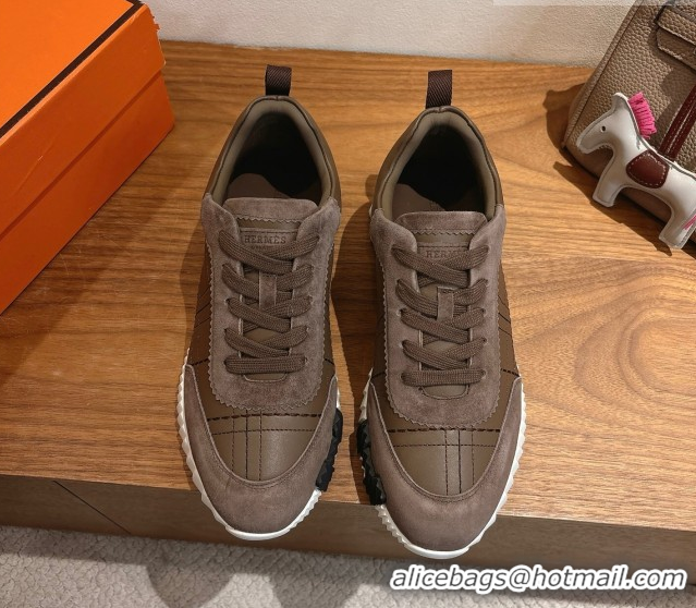 Sumptuous Hermes Bouncing Sneakers in Embroidered Leather and Suede Dark Brown 1222043 2026