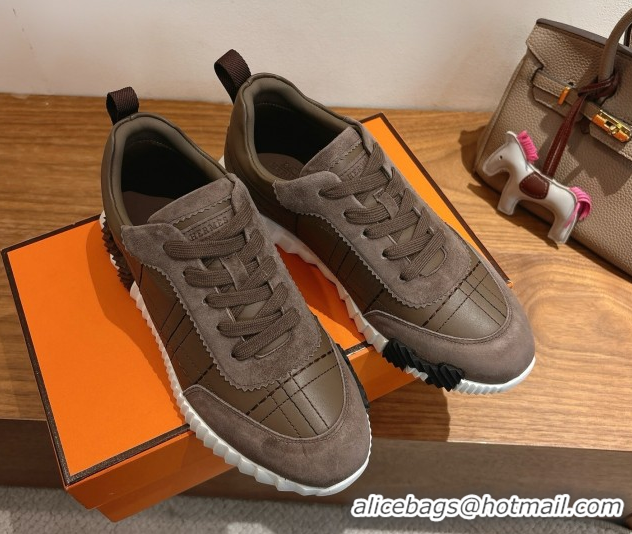 Sumptuous Hermes Bouncing Sneakers in Embroidered Leather and Suede Dark Brown 1222043 2026