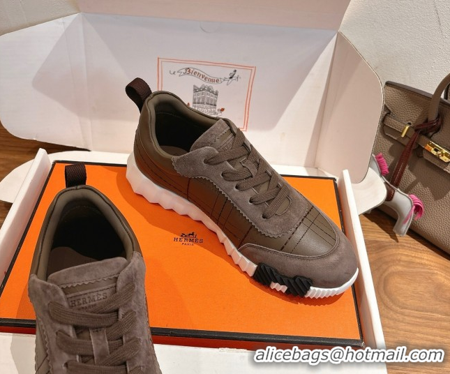 Sumptuous Hermes Bouncing Sneakers in Embroidered Leather and Suede Dark Brown 1222043 2026