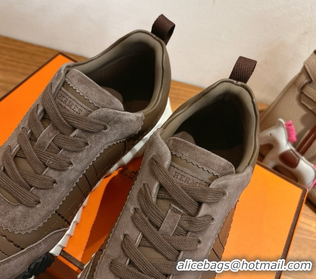 Sumptuous Hermes Bouncing Sneakers in Embroidered Leather and Suede Dark Brown 1222043 2026