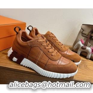 Duplicate Hermes Bouncing Sneakers in Embroidered Leather and Suede Tan Brown 1222044 2026