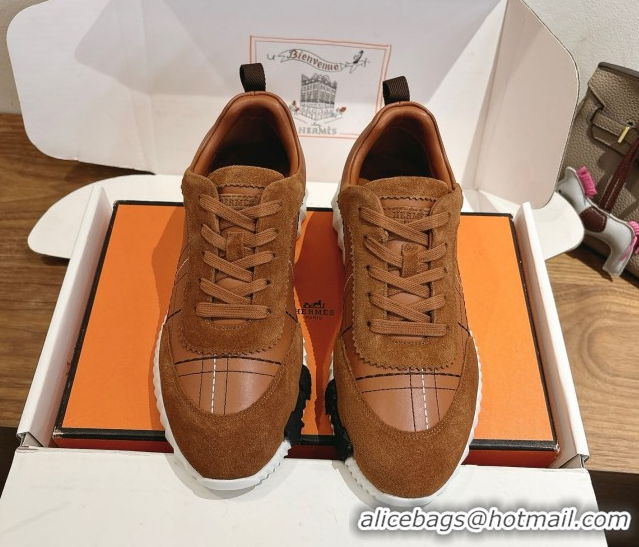 Duplicate Hermes Bouncing Sneakers in Embroidered Leather and Suede Tan Brown 1222044 2026