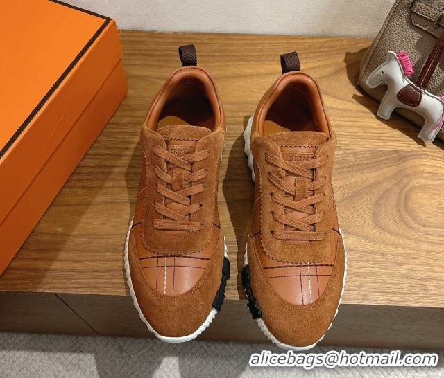 Duplicate Hermes Bouncing Sneakers in Embroidered Leather and Suede Tan Brown 1222044 2026