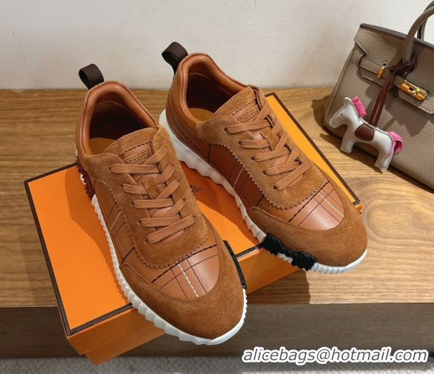 Duplicate Hermes Bouncing Sneakers in Embroidered Leather and Suede Tan Brown 1222044 2026