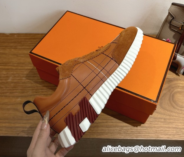 Duplicate Hermes Bouncing Sneakers in Embroidered Leather and Suede Tan Brown 1222044 2026