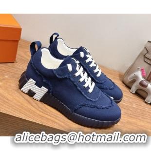 Classic Hot Hermes Bouncing Sneakers in Fringed H Canvas Navy Blue 1222064 2026